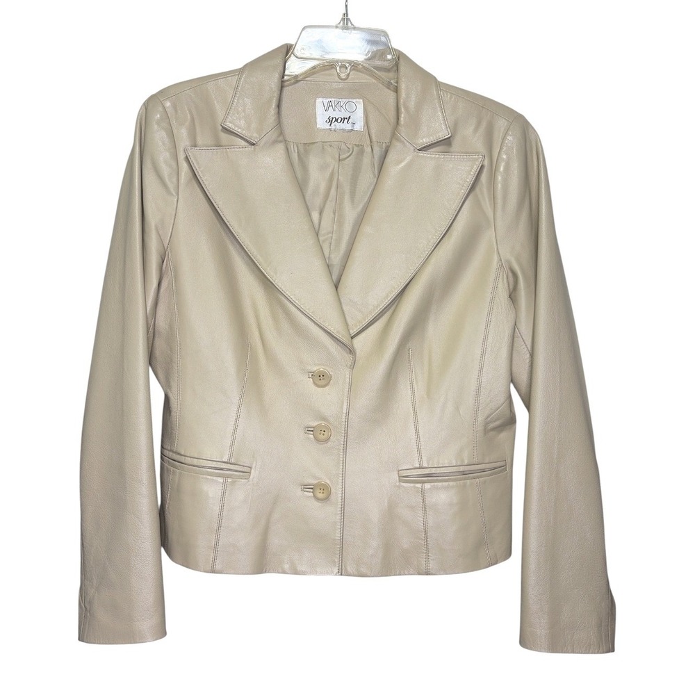 Vakko Sport Womens Beige Leather Blazer Jacket 3 Button Notched Lapel Tan Coat